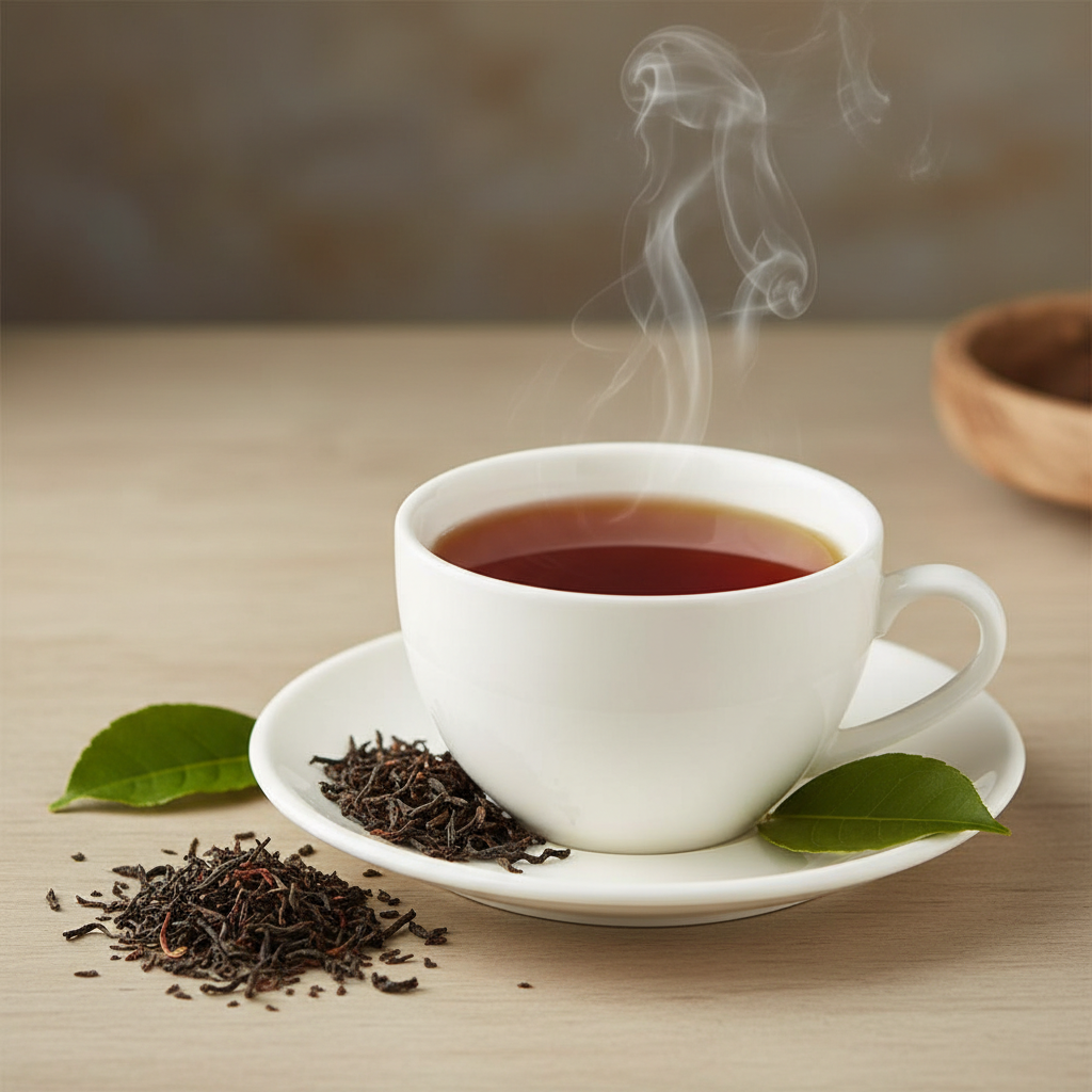 Tè negro en taza blanca con vapor y hojas de té alrededor