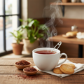Tè rojo rooibos en taza blanca con vapor y hojas secas alrededor