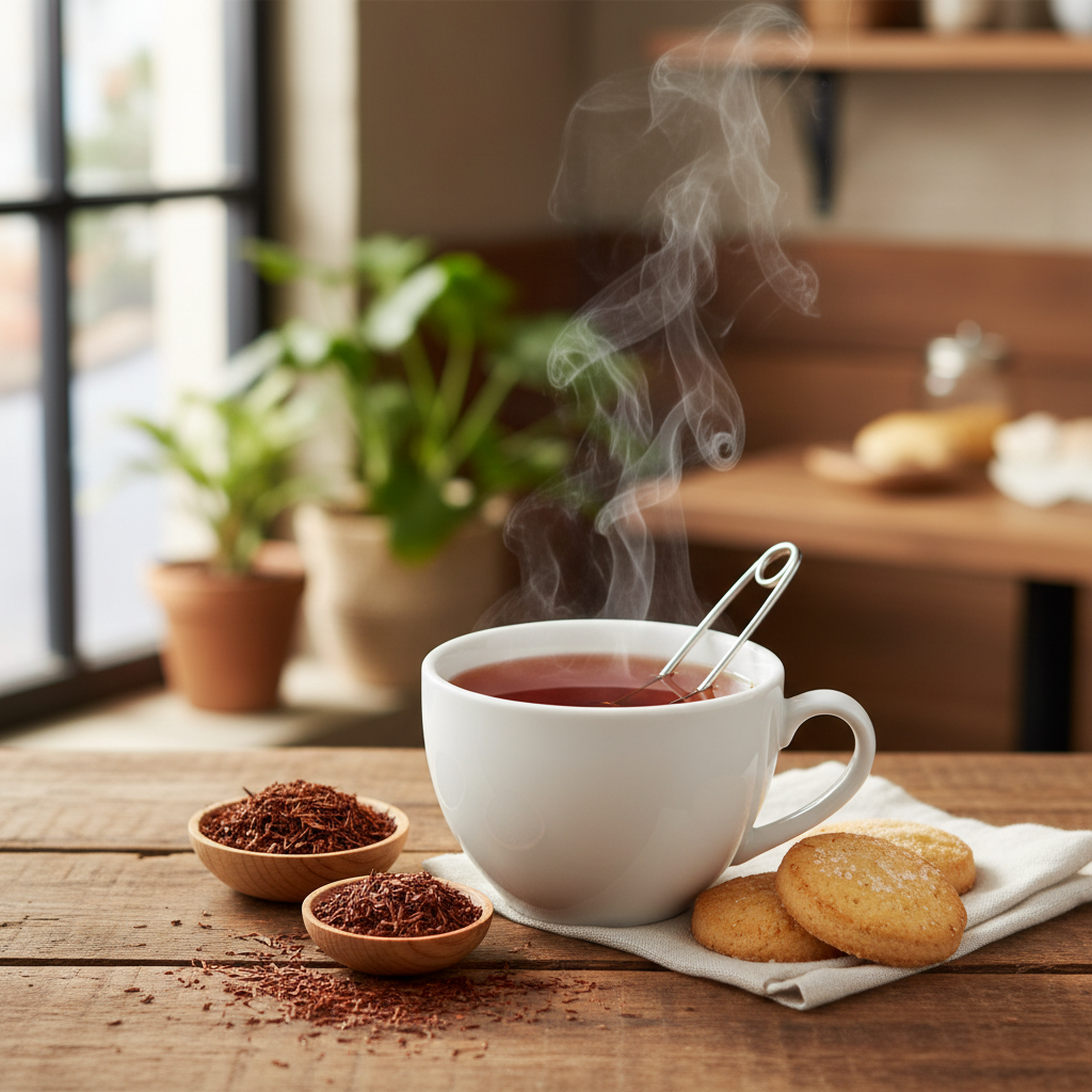 Tè rojo rooibos en taza blanca con vapor y hojas secas alrededor