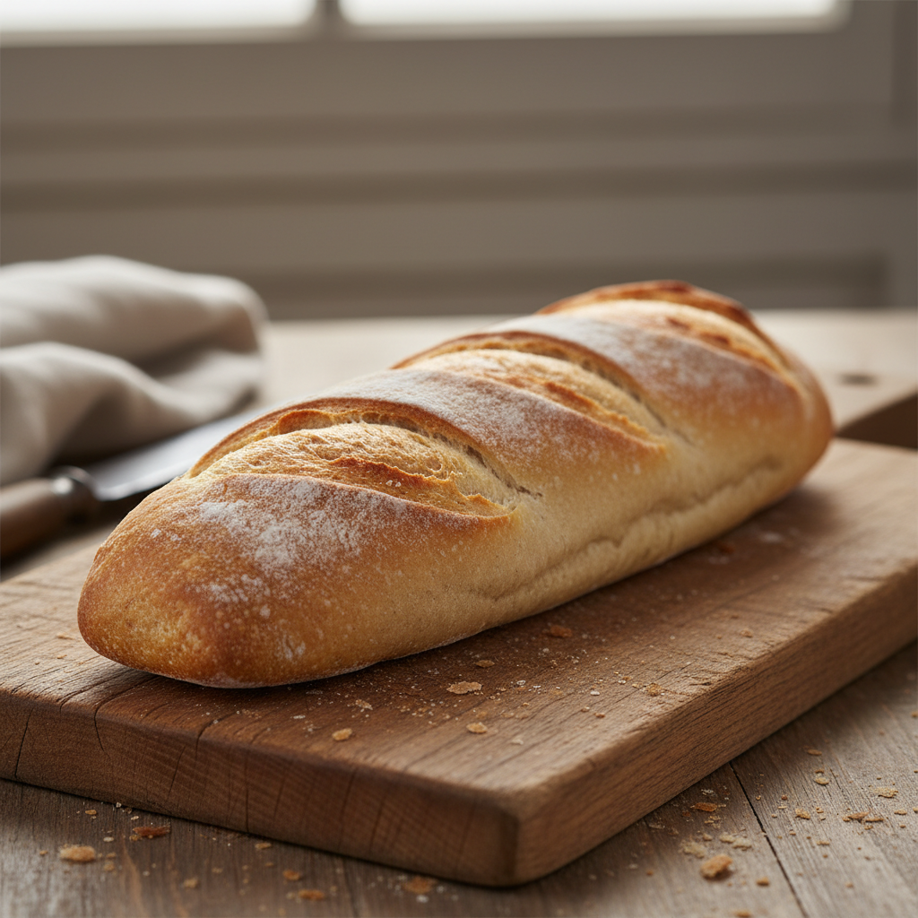Baguette francesa dorada sobre superficie rústica de madera