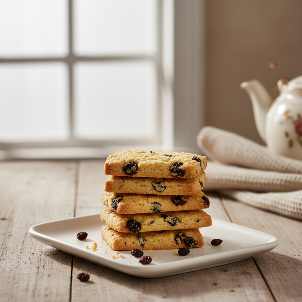 Galletas Garibaldi doradas con pasas apiladas en plato blanco