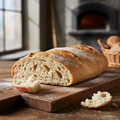 Ciabatta artesanal con corteza dorada sobre tabla de madera