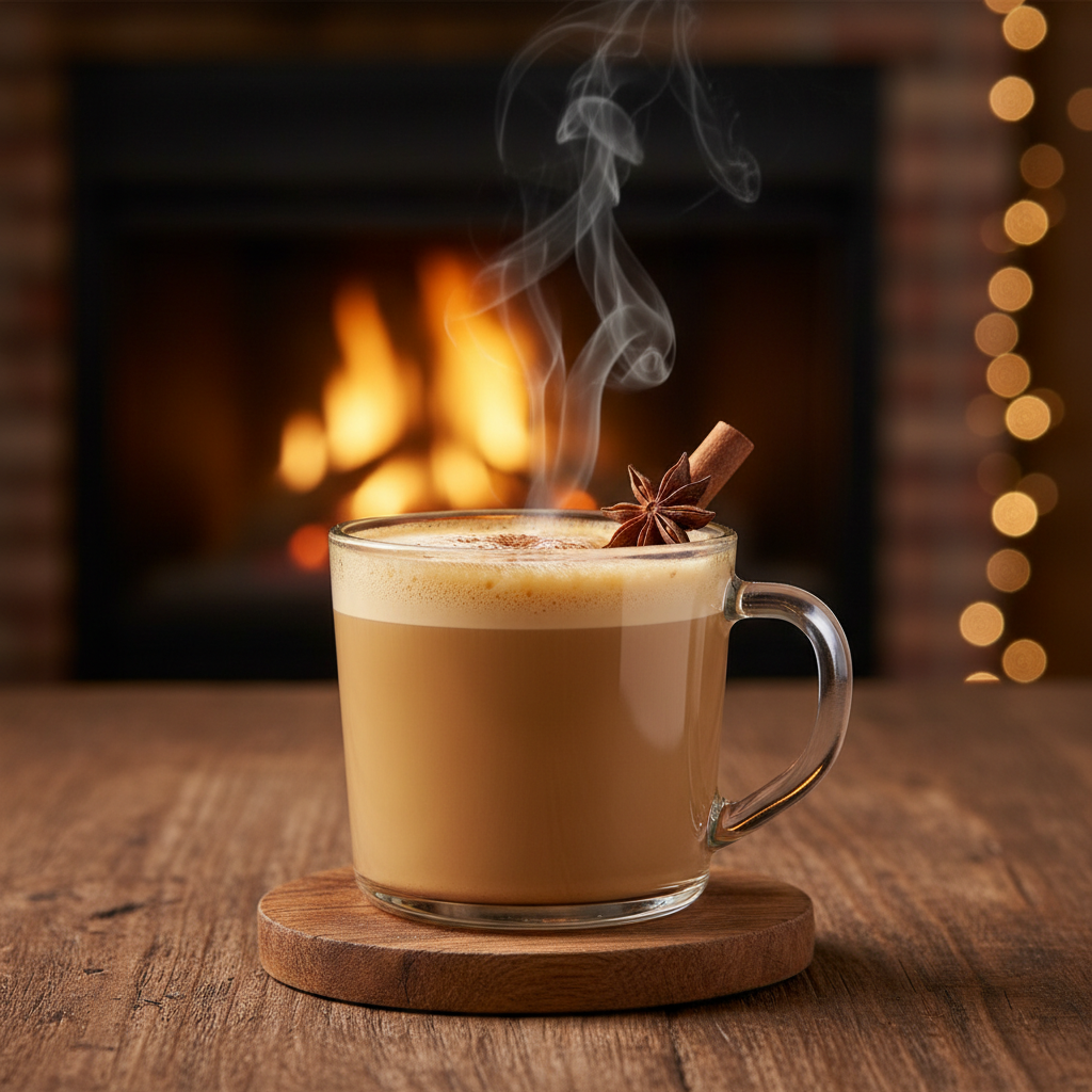 Tè Chai en vaso con canela y anís estrellado, vapor ascendente